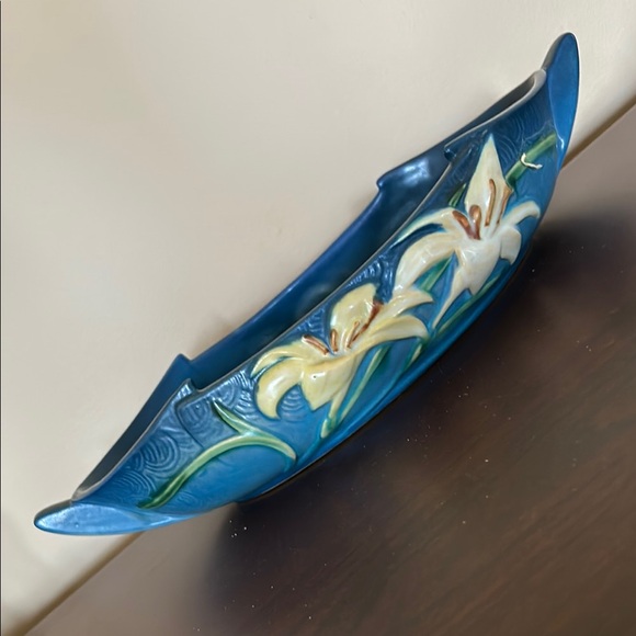 Roseville USA 475-12” Blue Zephyr Lily (yellow) Ceramic Art Bowl Vintage - Picture 7 of 14